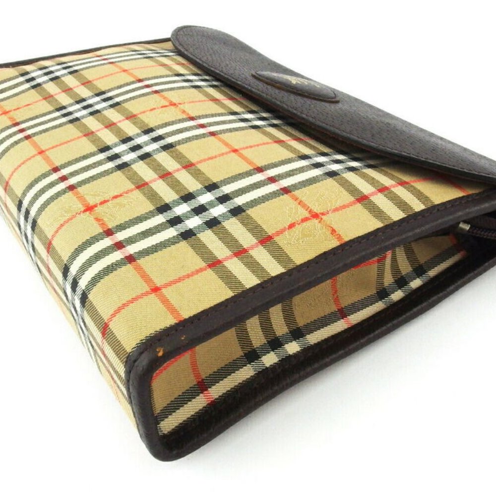 BURBERRY clutch bag check beige canvas �~ leather Auth used - Picture 4 of 8